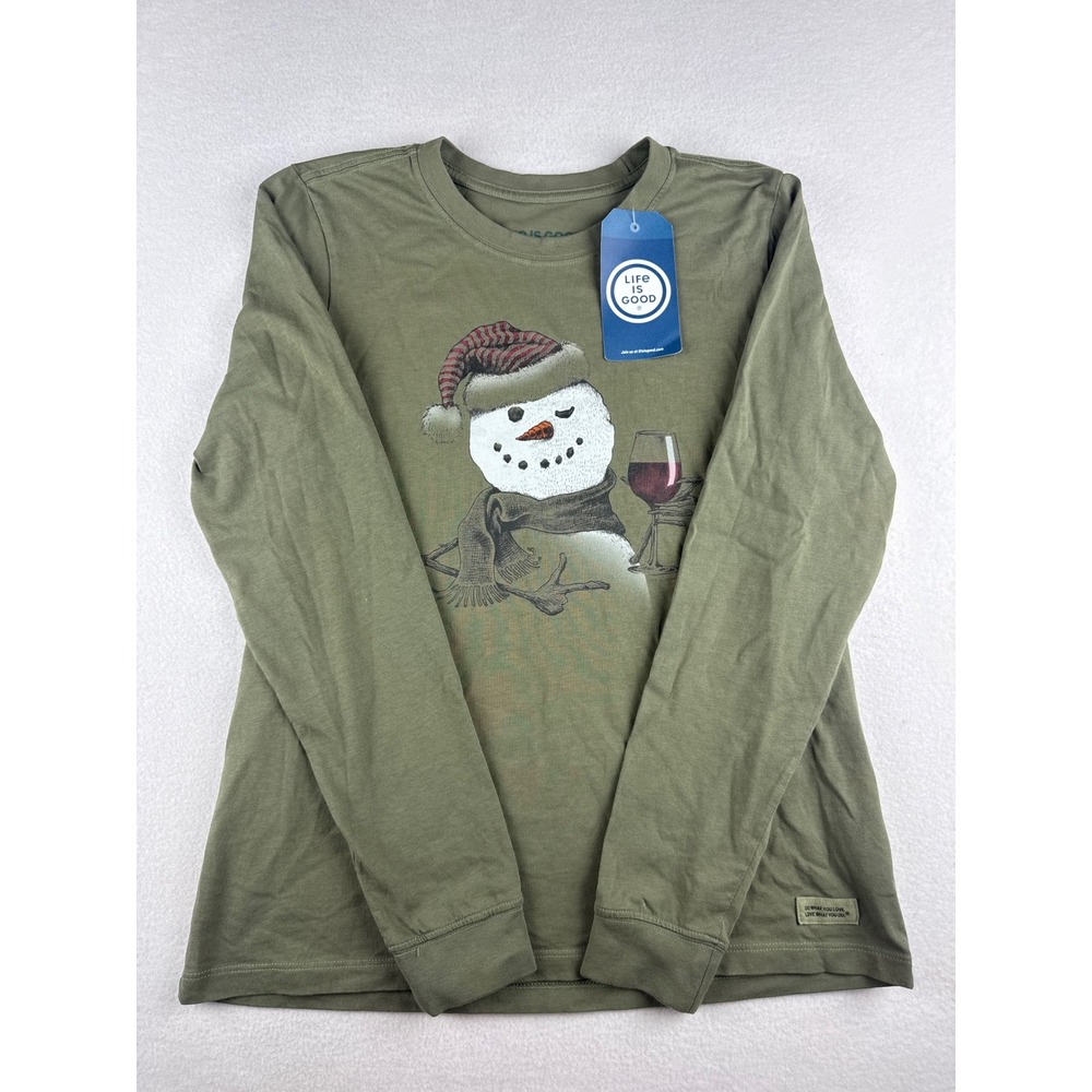 Life is Good Womens Crusher Long Sleeve Snowman Wine Graphic Tee Olive Green M